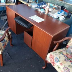 Wood Desk With Key Locks Drawers And Wooden Waste Basket 