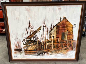Lee Reynolds (MCM) Oil on canvas painting featuring a two sailboat harbour scene