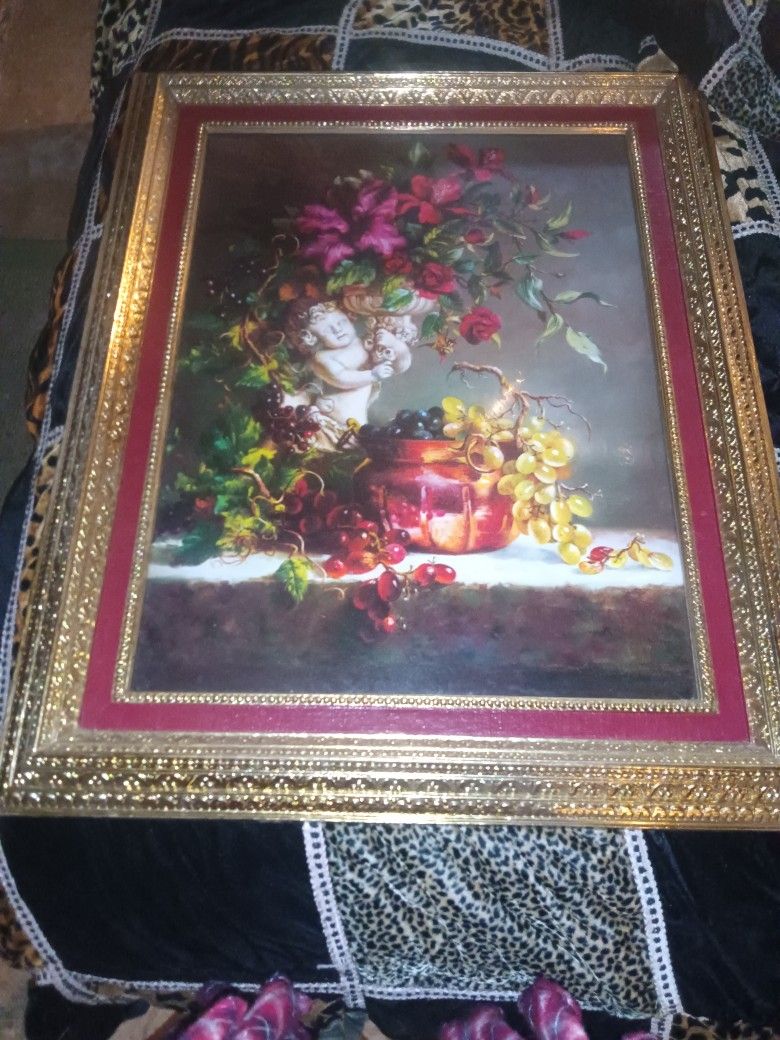 Di Giacomo Signed Gold Gilded Framed Cherub With Florals -Grapes-Angel Art Painting