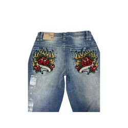 Ninth Hall Women’s Flare Jeans Size 4 Embroidered Flame Rose Pockets Y2K NWT