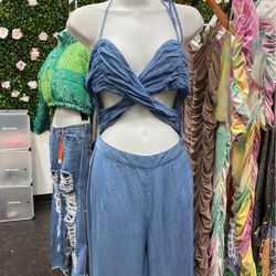 Cross Tie Denim Jumpsuit