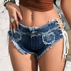  Women's Side Cross Lace-Up Fringed Mini Denim Shorts