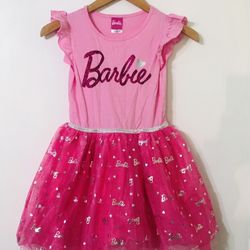 Barbie girl’s Tulle dress ruffled short sleeves sparkly Barbie logo  pink.7/8