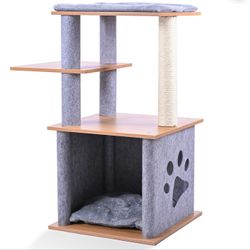 Wooden Cat Tree Tower With Large Condo And Perch 31.5 Inch, Grey, With Cat Scratcher, NEW IN A BOX, 
Made of high quality durable wood
Removable soft 