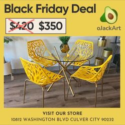 Yellow Cutout Modern Dining Glass Dining Table Set