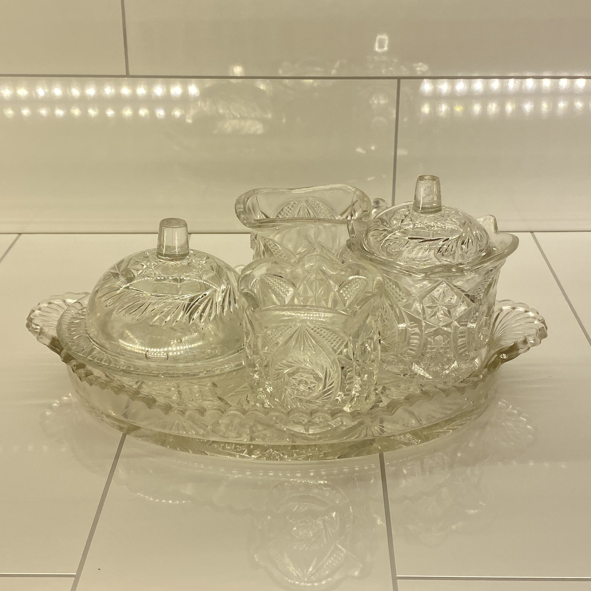 EAPG  - Cambridge #2635 "Fernland" 7pc. Toy Tea Set Circa 1906 Snowflake 