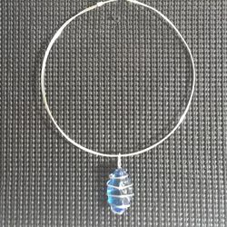 Double Banded Silver Choker With Blue Sea Glass Floating Pendant 