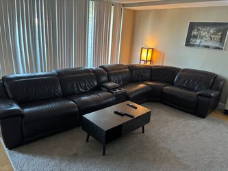 Dark Brown Leather Sectional Sofa with Console