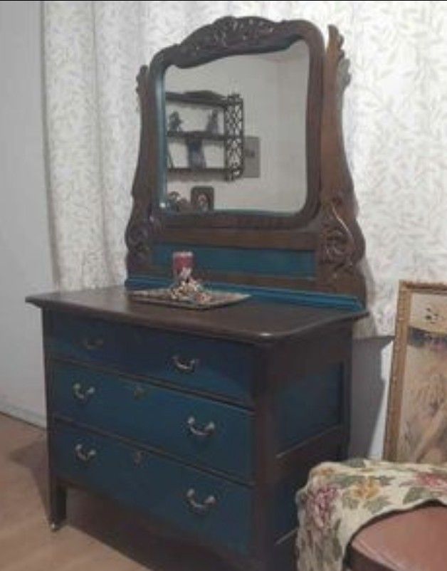 Refinished And Repaired Teal Oak Antique Dresser