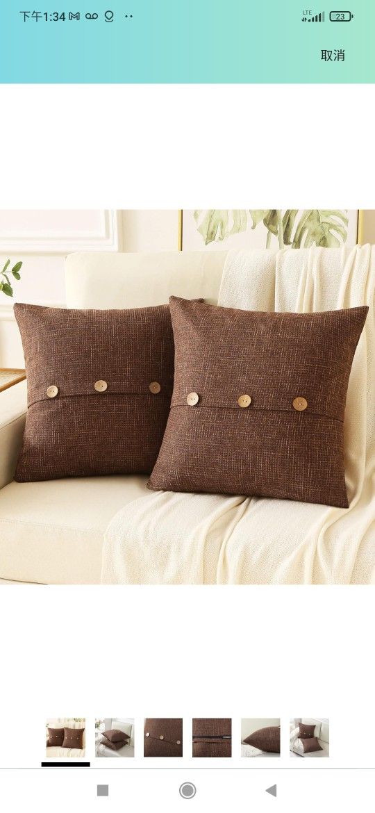Brown Linen Decorative Throw Pillow Covers 20x20 Inch Set of 2,Square Cushion Case with 3 Vintage Buttons,Modern Farmhouse Home Decor for Couch,Bed