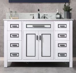 Milan-4821-WH➕TOP,Milan 49" Floor Mounted Single Basin Vanity Set with Solid Wood Cabinet in White, and Carrara White Marble Vanity Top with Pre-insta