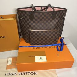New Authentic Louis Vuitton Damier Ebene Rose Pink/Ballerine Interior MM Neverfull Handbag  