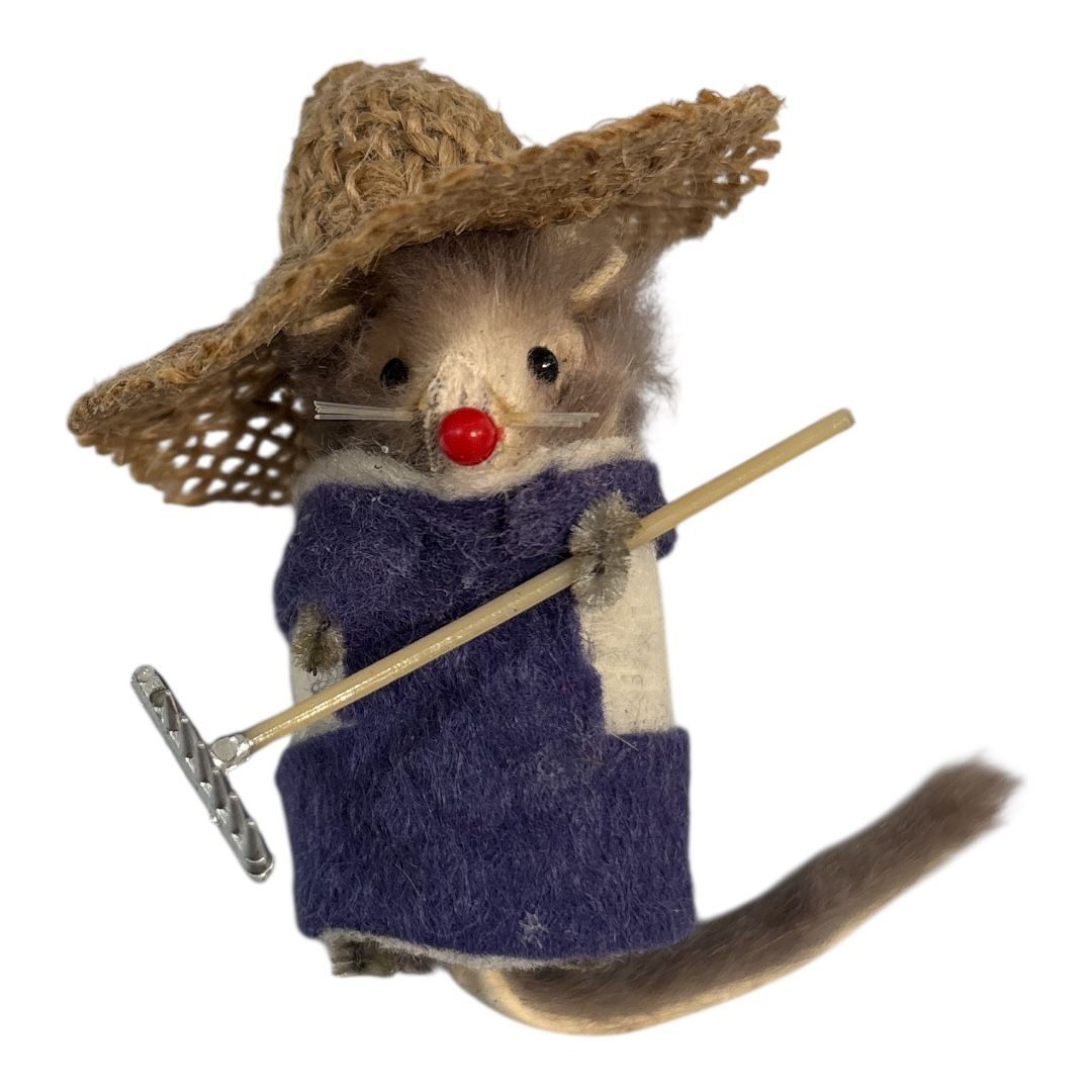 Vintage Original Fur Toys Collectible Mouse West Germany Gardener w/ Hat & Rake