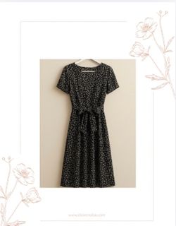 Women's/ Girls Black Floral Print Midi Dress with Waist Tie – Size M