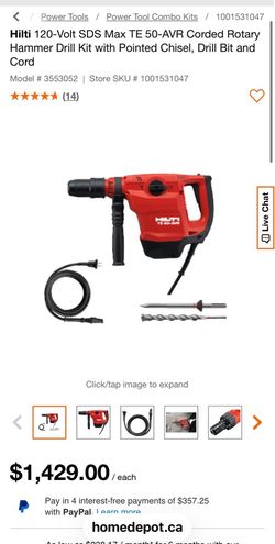 Hilte corded Rotary Hammer Drill Kit with Pointed Chisel, Drill Bit and Cord