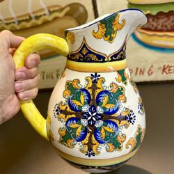 Large VTG I. Godinger Centerpiece  Vibrant Blue Yellow Floral Pitcher 11"×8"