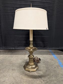 Brass Candlestick Style Table Lamp in Off-White Fabric