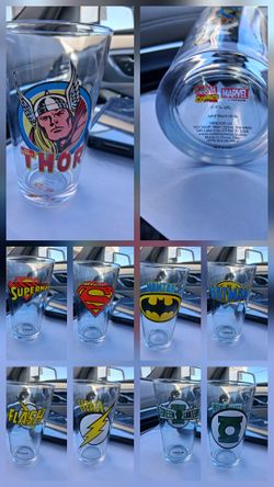 Vintage Marvel Comics TOON GLASS TUMBLER 16 oz.  SUPERMAN, THOR, FLASH, BATMAN, GREEN LANTERN, Lot of FIVE ( x5 )....asking $25.00