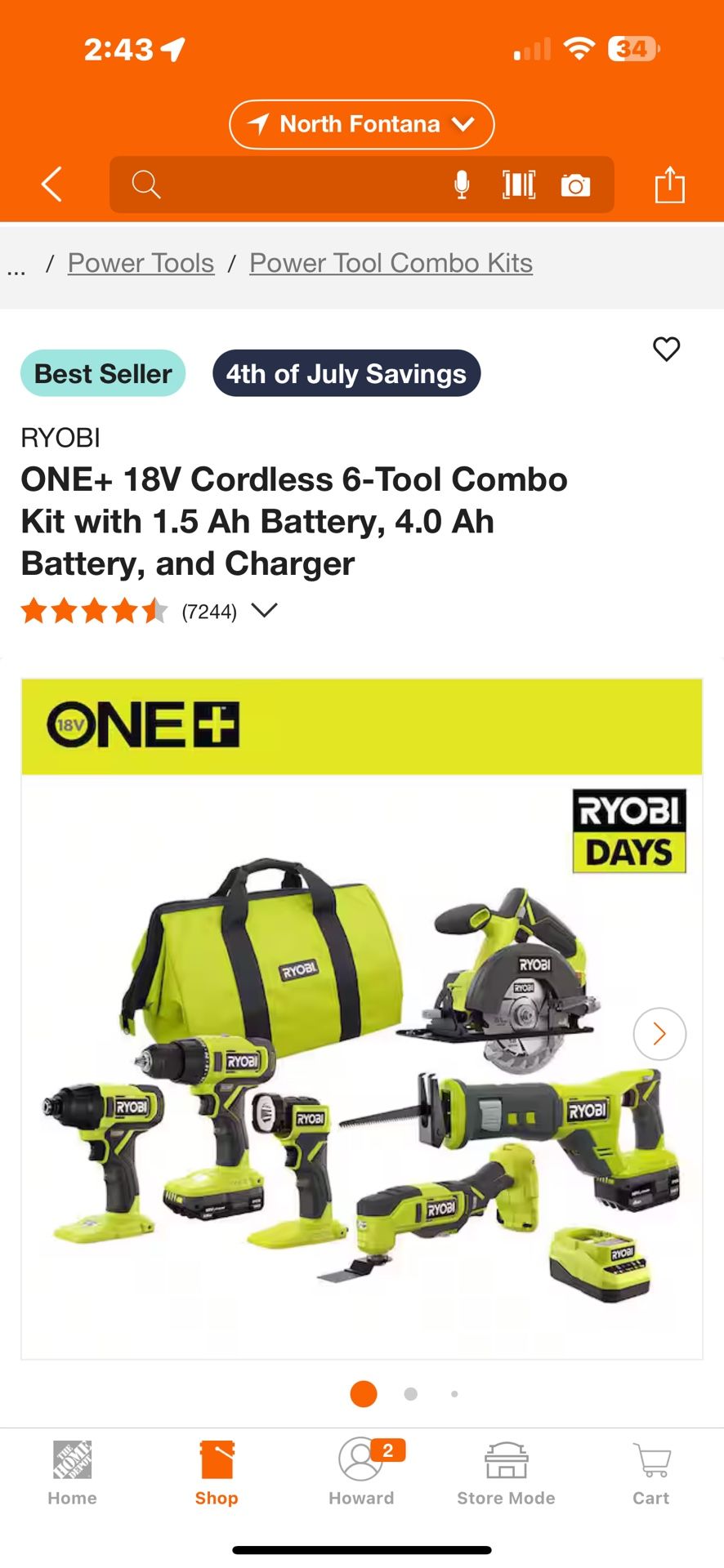 RYOBI ONE+ 18V Cordless 6-Tool Combo Kit with 1.5 Ah Battery, 4.0 Ah Battery, and Charger