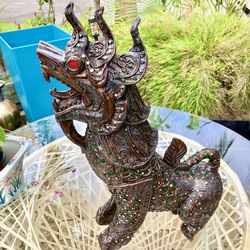 17.5” Vintage Thai Foo Dog Wooden Carved Embellished Colourful Decor: 12”W x 5”D x 17.5”H