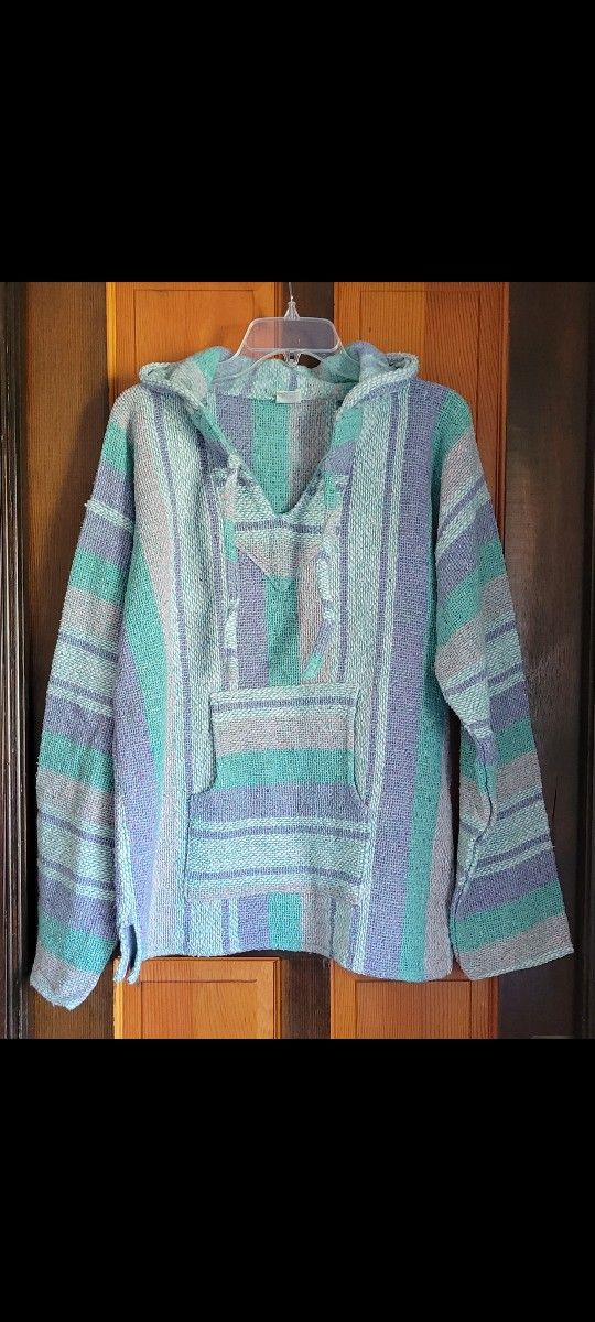 Unisex Hoodie Pullover Baja Poncho ,Drug Rug.Made in Mexico Size L(beautiful Pastel Stripes).