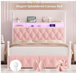 Queen size velvet bedframe with storage and charging del LED lights