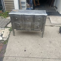Vintage Wooden Dresser, 4 Drawers, hardware, foil covered, top has a rip,40w,16 deep, 30 hi, $20