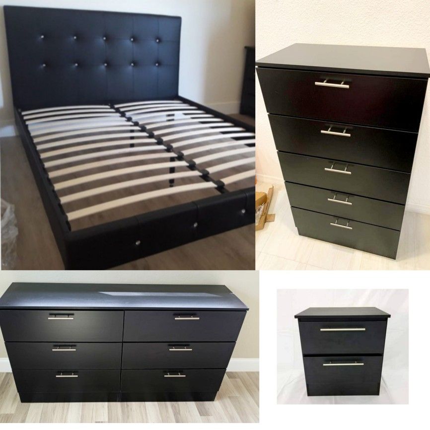 NEW QUEEN BEDFRAME WITH CRYSTALS DRESSER CHEST AND 1 NIGHTSTAND. ALSO SOLD SEPARATELY