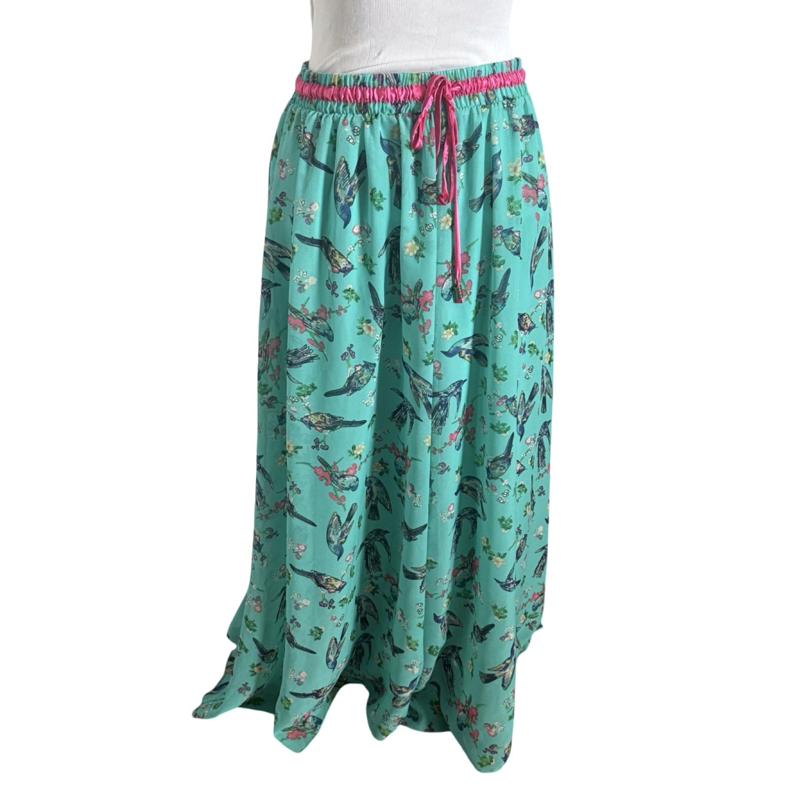 Boho Flowy Maxi Skirt by Z&I Fits Woman’s Small Blue with Birds Multicolor