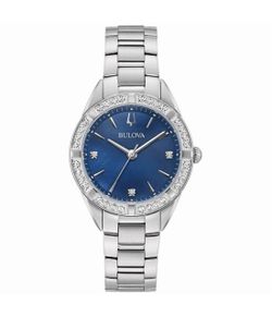 Bulova Ladies Blue MOP Diamond & Sapphire Classic Stainless 32mm Watch 96R243