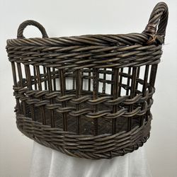 Large Open Weave Brown Wicker Storage Basket With Handles