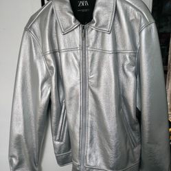 Zara Silver Metallic Bomber Night Jacket 