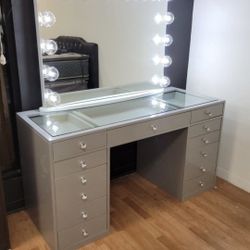 Super Deal Gourges Vanity Desk With 13 Drawers  Smooth Rails Diamond Knobs Tempered Glass Top  XL Mirror W/ LED Light Builbs Limited Quantity $899 + T