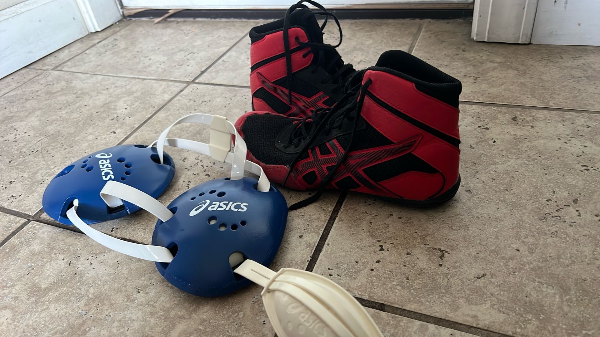 Red And Black Wrestling Shoes + Blue Wrestling Headgear