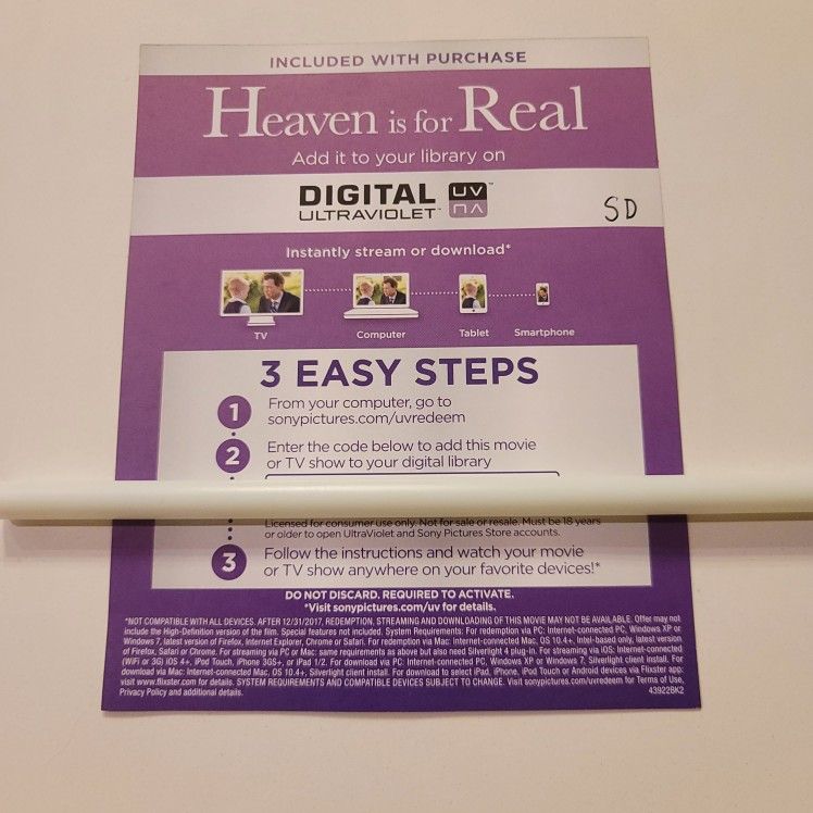 $4 DIGITAL SD MOVIE. HEAVEN IS FOR REAL. $4 OR TRADE FOR A MOVIE TITLE I DO NOT ALREADY OWN.

