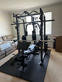 Vesta Fitness Smith Machine 2001 w/Bench Attachment | 230lb Bumpers Weights | 7ft Olympic Bar | Fitness | Gym Equipment | FREE DELIVERY & INSTALL🚚