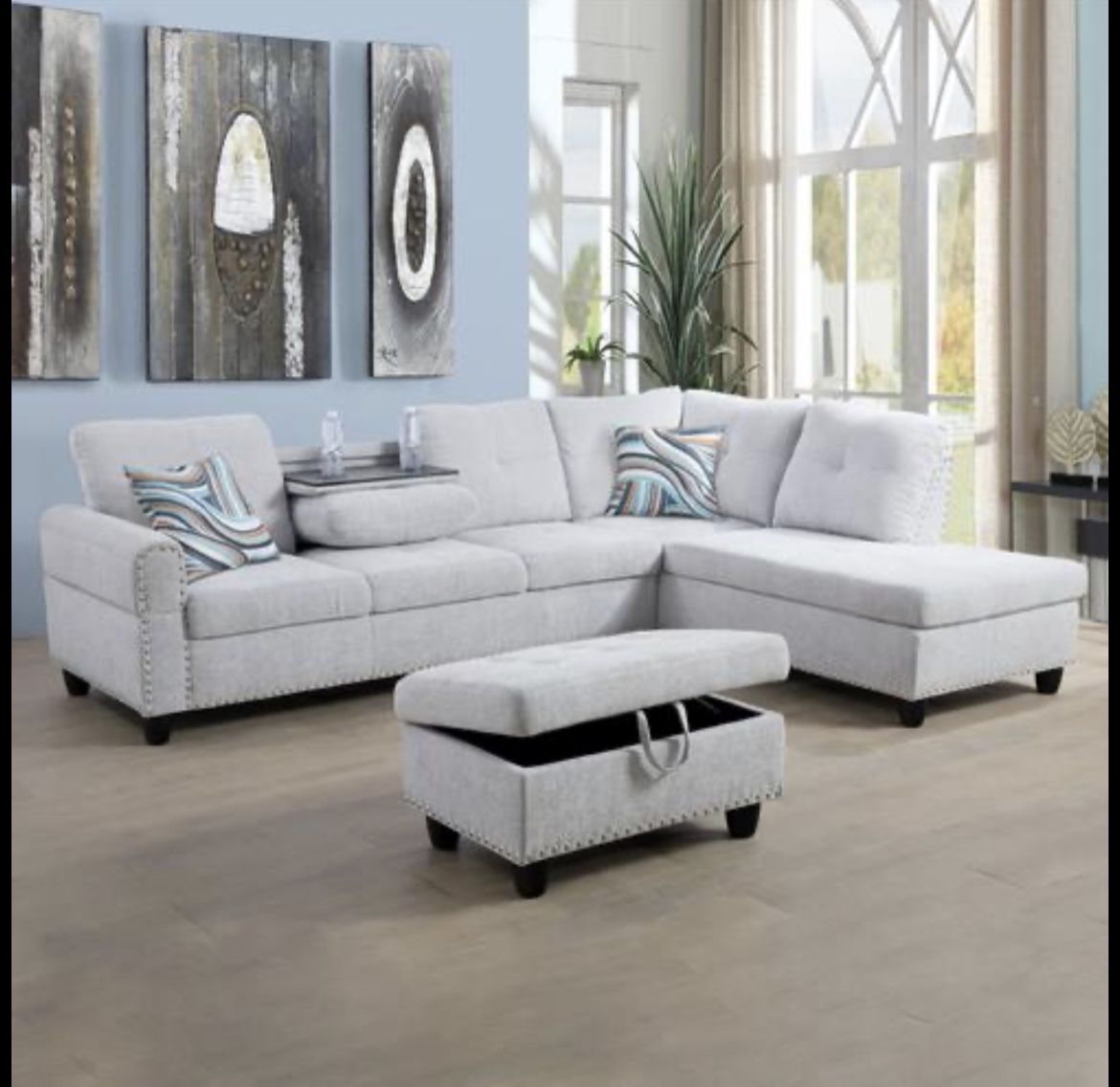 NEW White Gray Sectional Sofa Couch Include Cup Holders, FREE Storage Ottoman And 2 Pillows