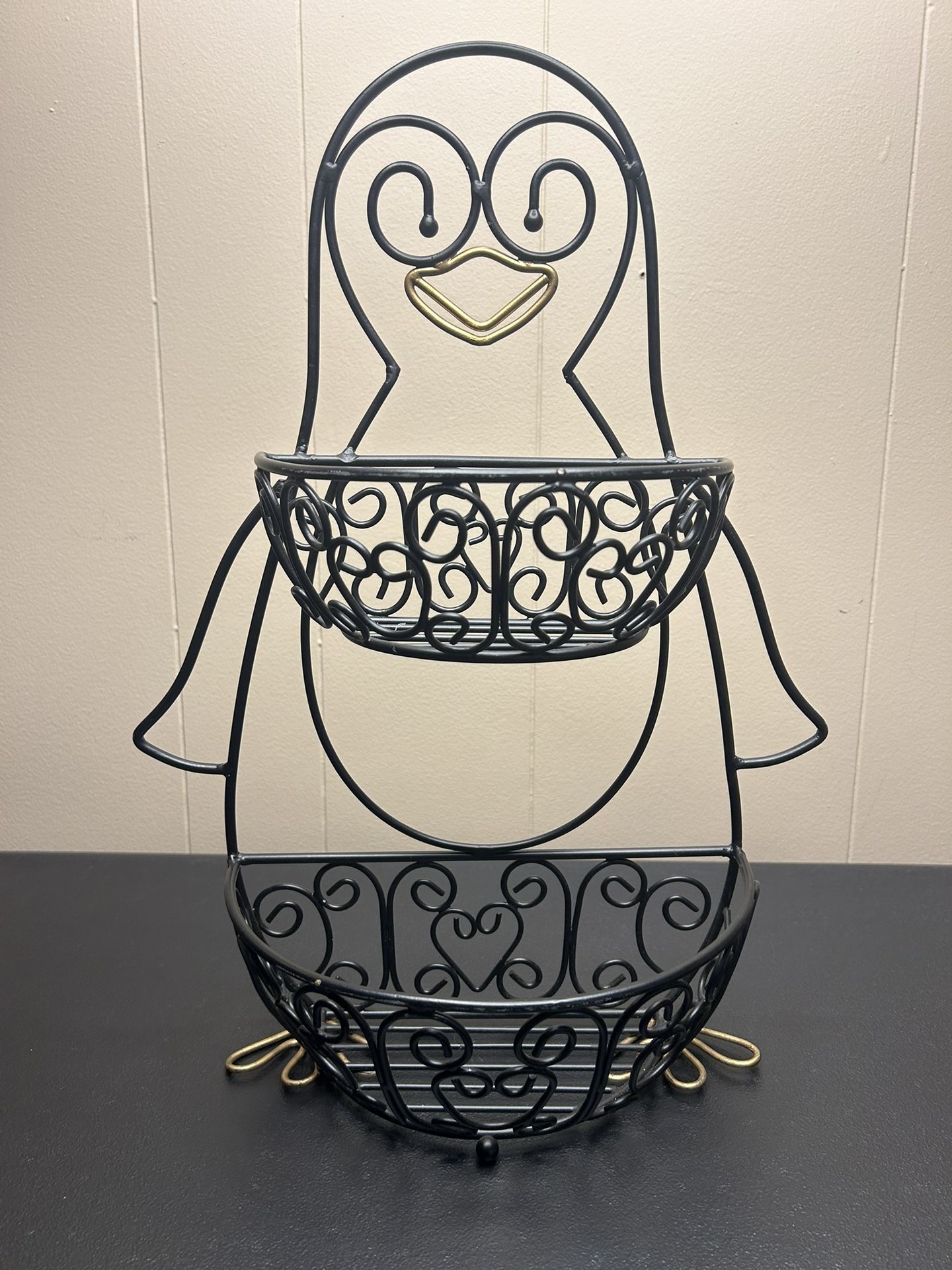 penguin two tier basket - black metal - tabletop use - approx 18" tall