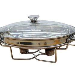 Wolfgang Puck Bistro 13" Chafing Buffet Server W/ Lid & Warming Stand. 18-10 Stainless Steel

Shiny, mirror-finished silver color.
