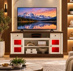 66 inch  TV Stand with Storage Cabinets and Sliding Barn Doors for Living Room or Bedroom in Bright White