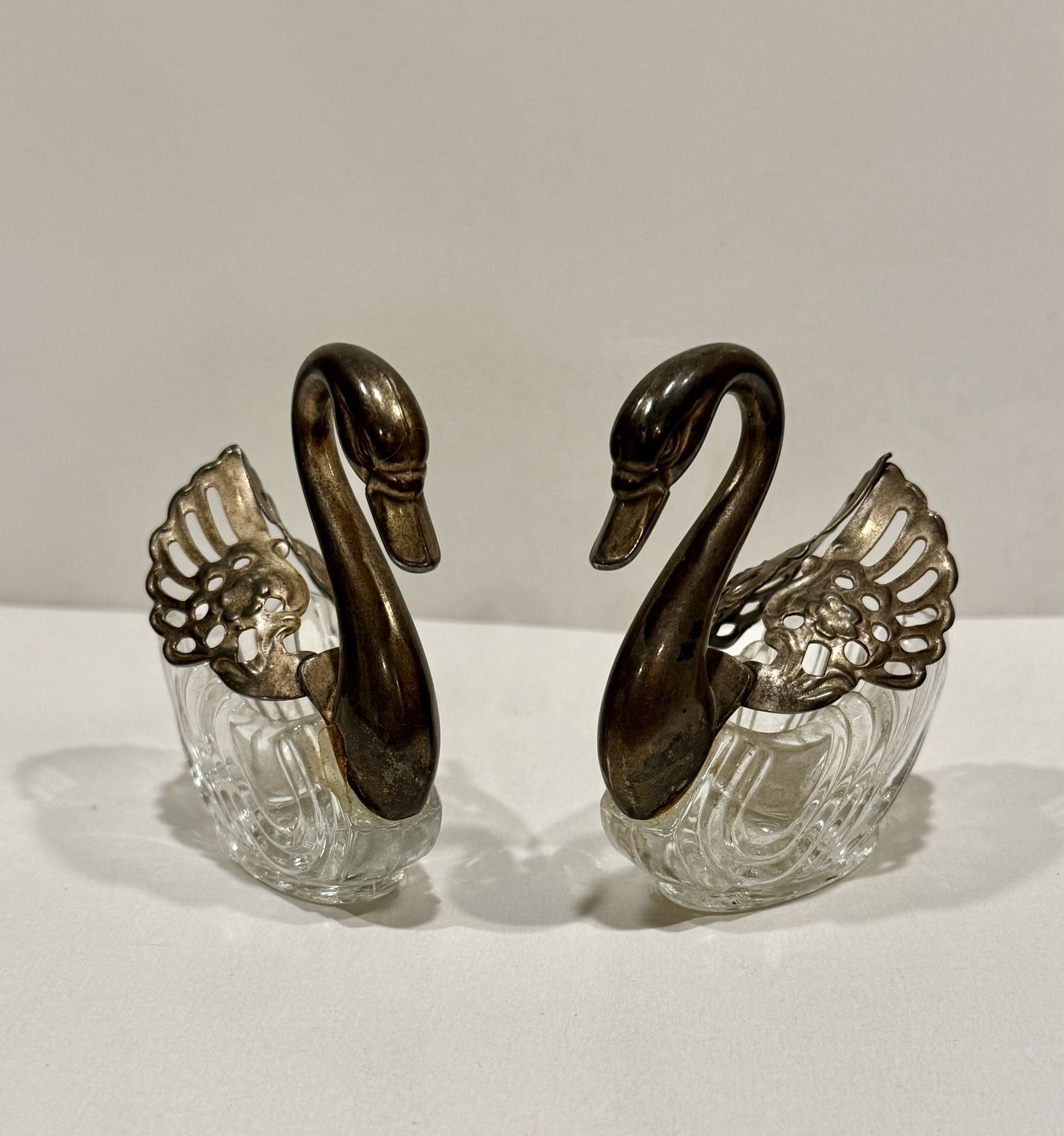 Set Of 2 Vintage Single Made in Italy Swan Salt Cellar Cut Glass Silver Plated
