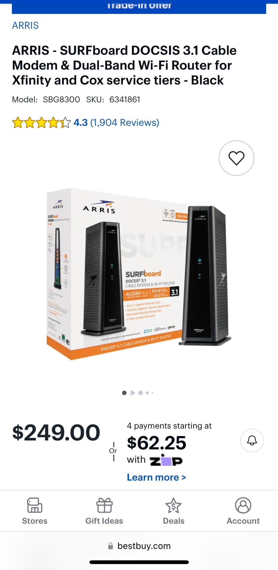 ARRIS - SURFboard DOCSIS 3.1 Cable Modem & Dual-Band Wi-Fi Router for Xfinity and Cox service tiers - Black