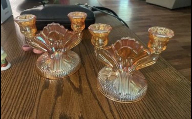 Vintage Jeanette Carnival Glass, 1960's Iridescent carnival glass, flora gold double light candle stick holders