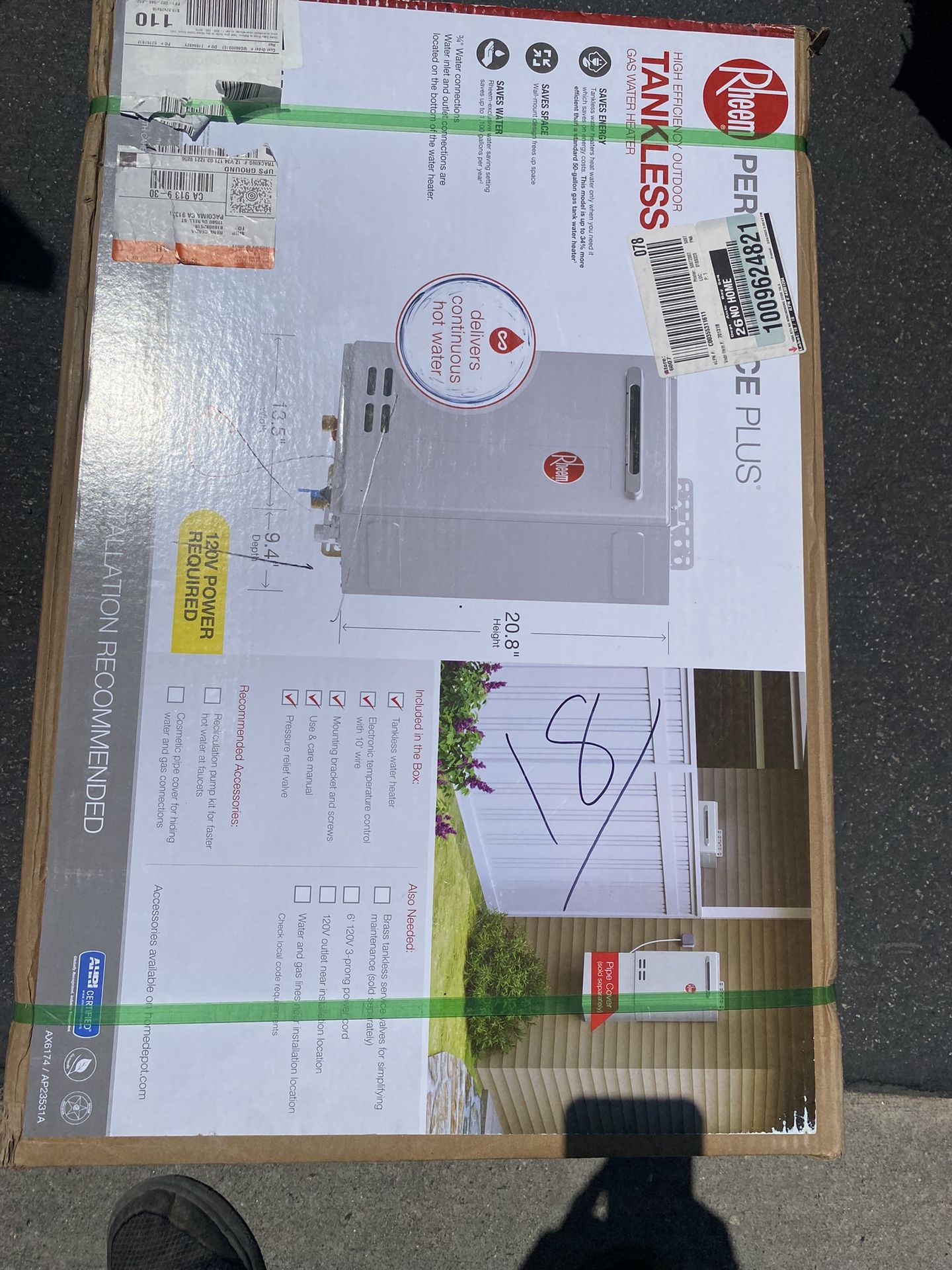 Outdoors, tankless water heater