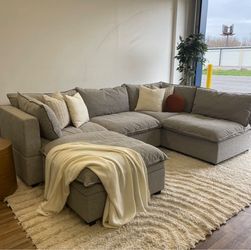 Large Gray Fabric Cloud Sectional Sofa with Ottoman