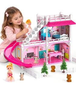 3-Room Pink Dollhouse with 2 Dolls