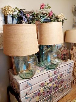 Beautiful Pair Of Pottery Barn X-Large Sea Glass Lamps With Burlap Shades.