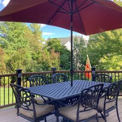 Beautiful Black Cast Aluminum Rectangle Outdoor Dinner Table, 6 Cushioned Chairs, Red Umbrella With Stand