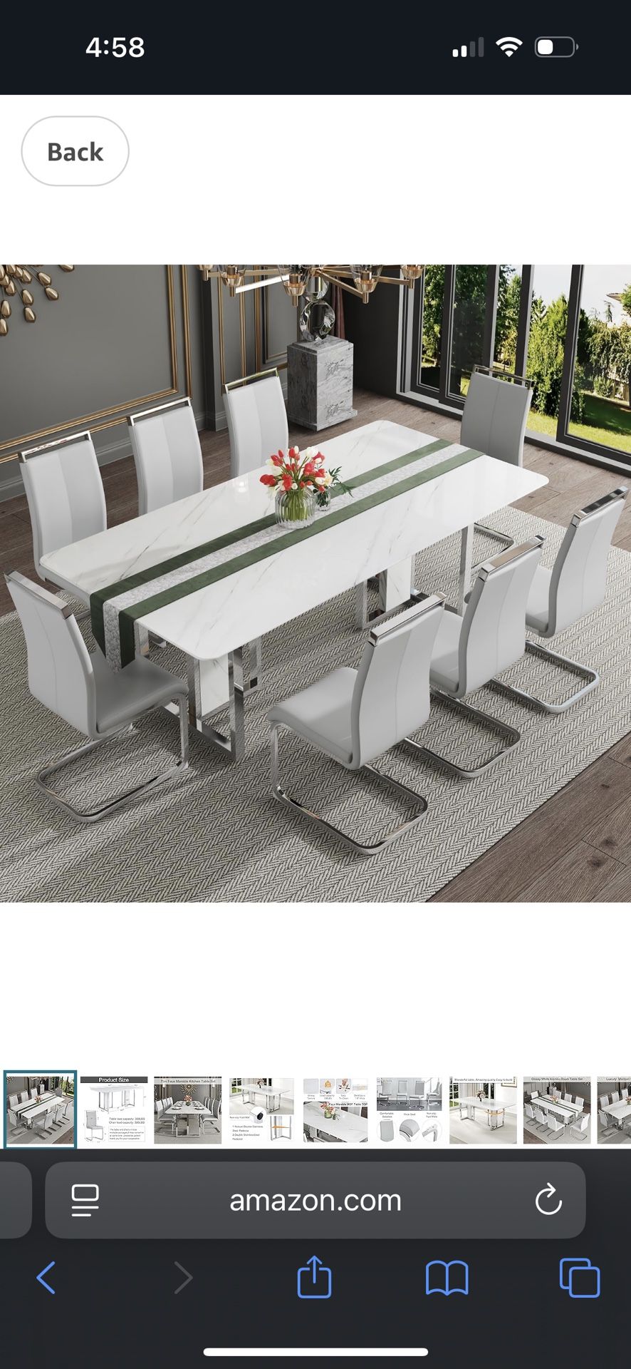 Modern White Marble Dining Table with 8 Light Grey Chairs