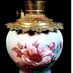 Antique Victorian Blue Pink painted glass brass parlor table oil electric lamp